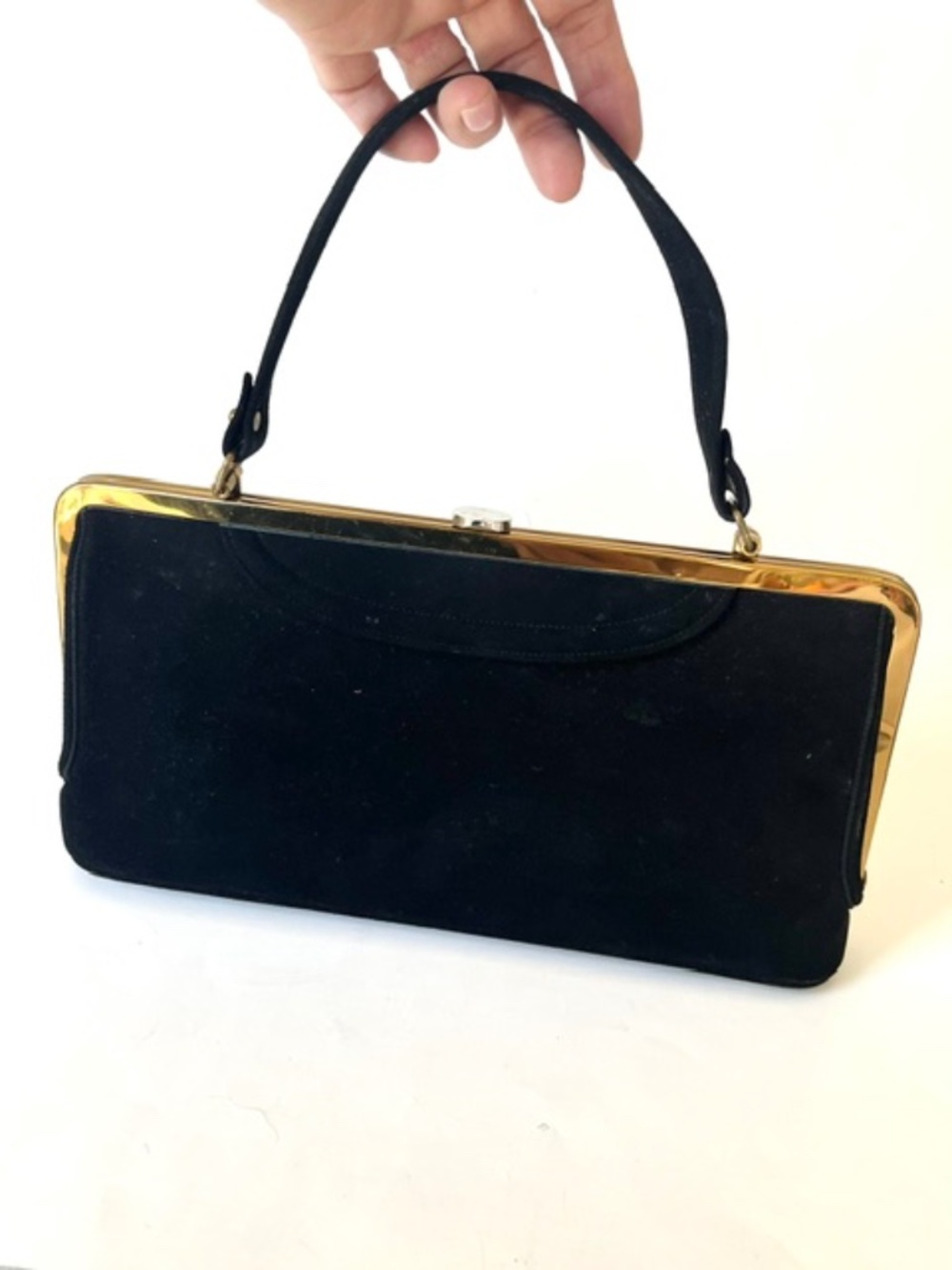 Vintage Black Suede Handbag  with gold metall clasp